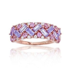 Cubic Zirconia in Rose Gold over Sterling Silver Tanzanite and Baguette Ring
